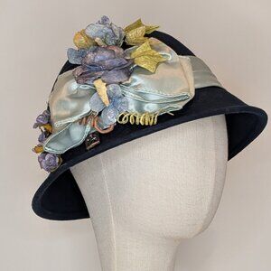 Navy Cloche Hat with Vintage Trim